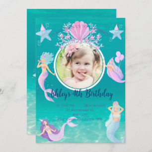 Mermaid under the sea watercolor ocean kids party invitation