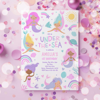 Mermaid Under The Sea Whimsical 1st Birthday Party Invitation by PixelPerfectionParty at Zazzle