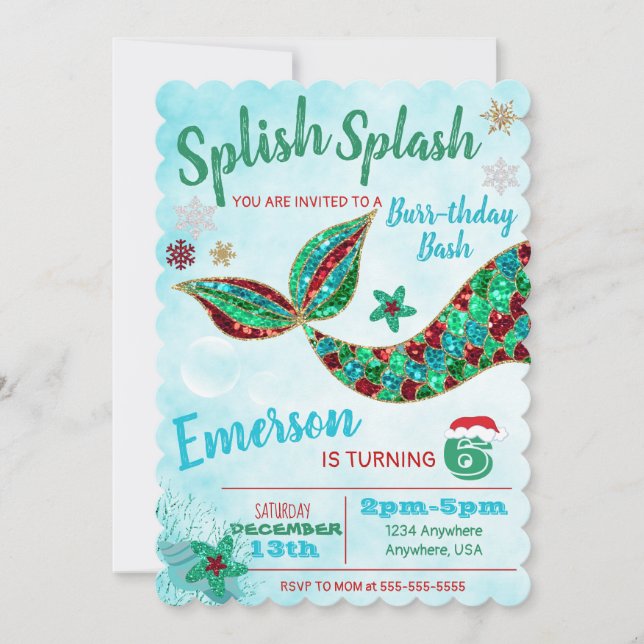 Mermaid under the sea, winter, Christmas invite (Front)