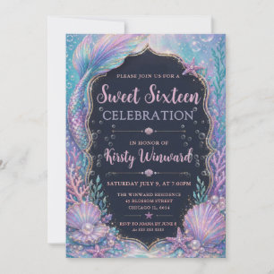 Mermaid Underwater Purple Teal Sweet 16 Invitation