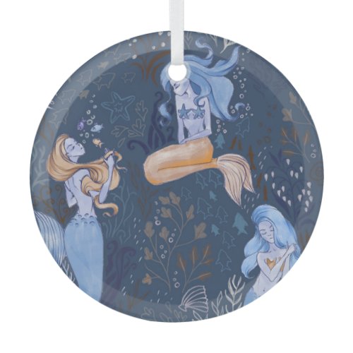 Mermaid Underwater Sea Seamless Illustration Glass Ornament