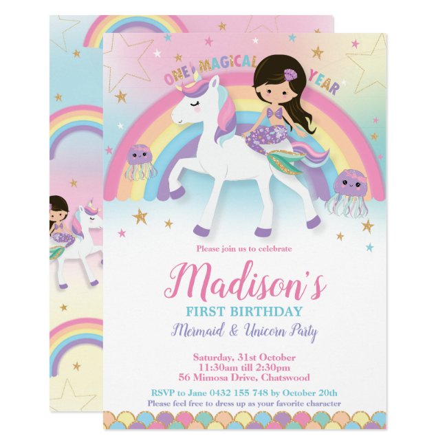 Mermaid Unicorn 1st First Birthday Party Invitation