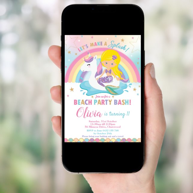 Mermaid Unicorn Beach Party Birthday Blond Invitation (Front Digital)