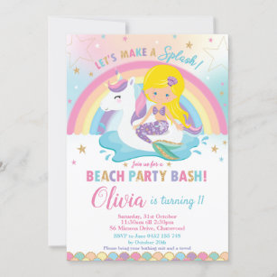 Mermaid Unicorn Beach Party Birthday Blond Invitation