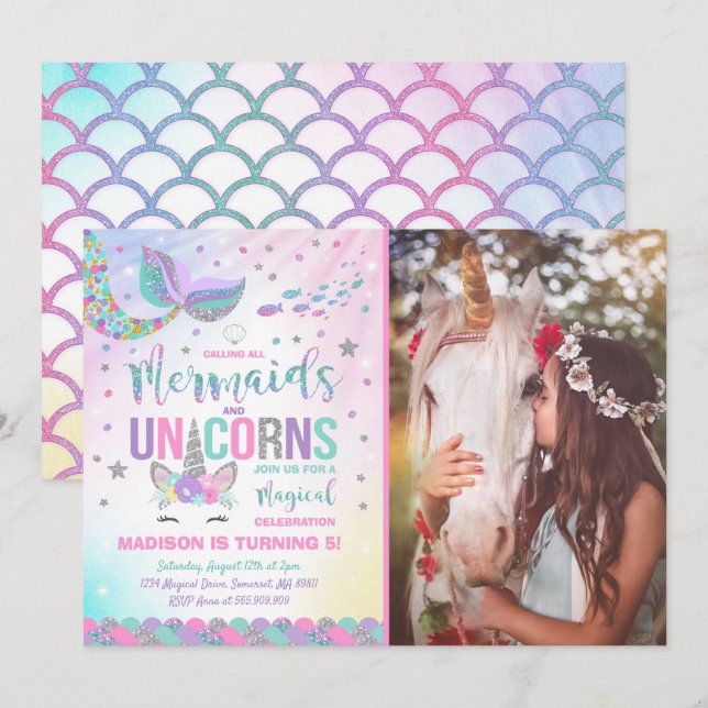 Mermaid & Unicorn Birthday Invitation Magic Party (Front/Back)