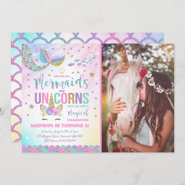 Mermaid & Unicorn Birthday Invitation Magic Party (Front/Back)