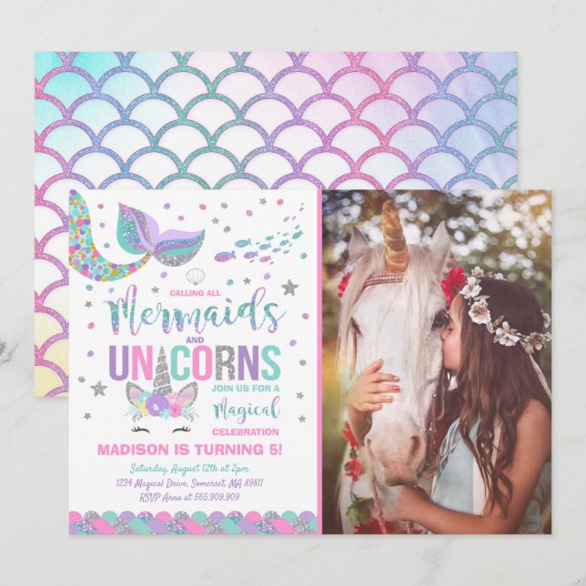 Mermaid & Unicorn Birthday Invitation Magic Party (Front/Back)