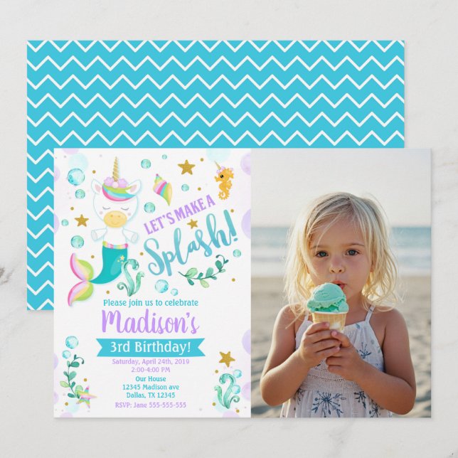 Mermaid Unicorn Birthday Invitation Mermicorn (Front/Back)
