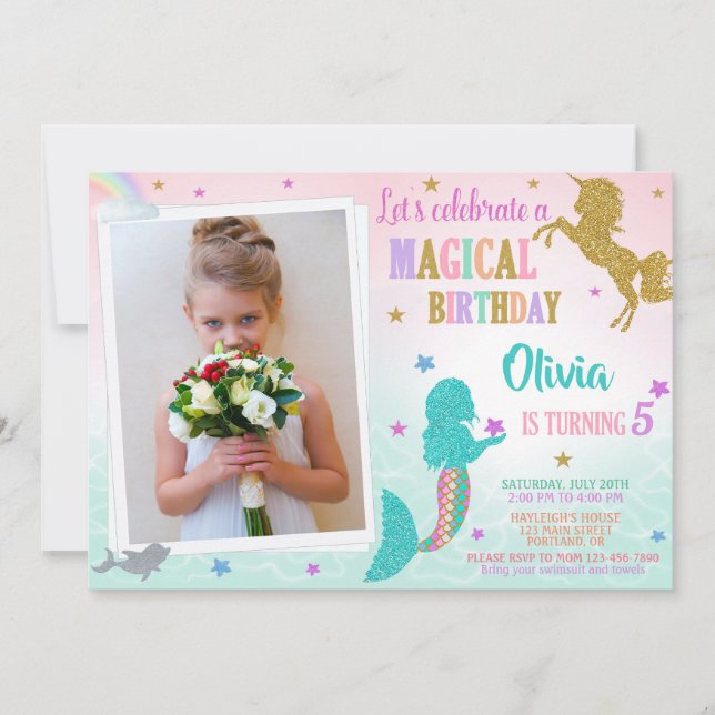 Mermaid Unicorn birthday invitation with photo (Front)