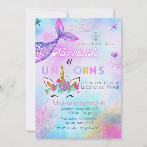 Mermaid  Unicorn Birthday Party for a girltwins Invitation