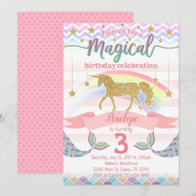 Mermaid Unicorn Birthday Party Invitation Invite (Front/Back)