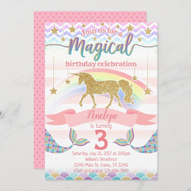 Mermaid Unicorn Birthday Party Invitation Invite (Front/Back)