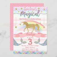 Mermaid Unicorn Birthday Party Invitation Invite