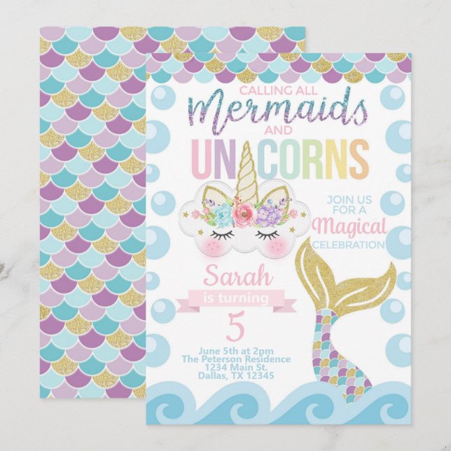 Mermaid Unicorn Birthday Party Invitation Invite (Front/Back)