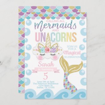 Mermaid Unicorn Birthday Party Invitation Invite by PerfectPrintableCo at Zazzle
