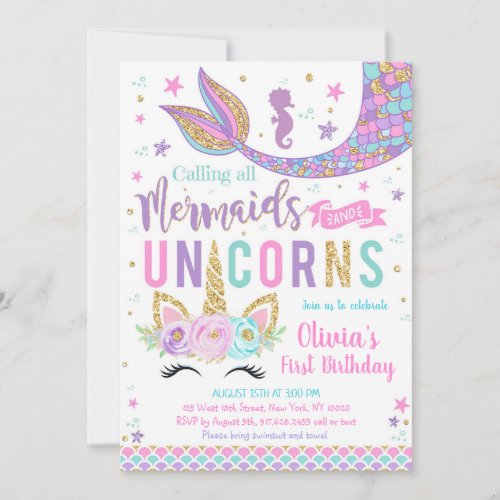 Mermaid Unicorn Girl Birthday Invitation
