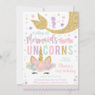 Mermaid Unicorn Girl Birthday Invitation