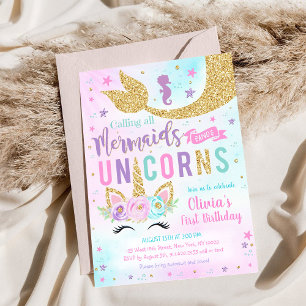 Mermaid Unicorn Girl Birthday Invitation