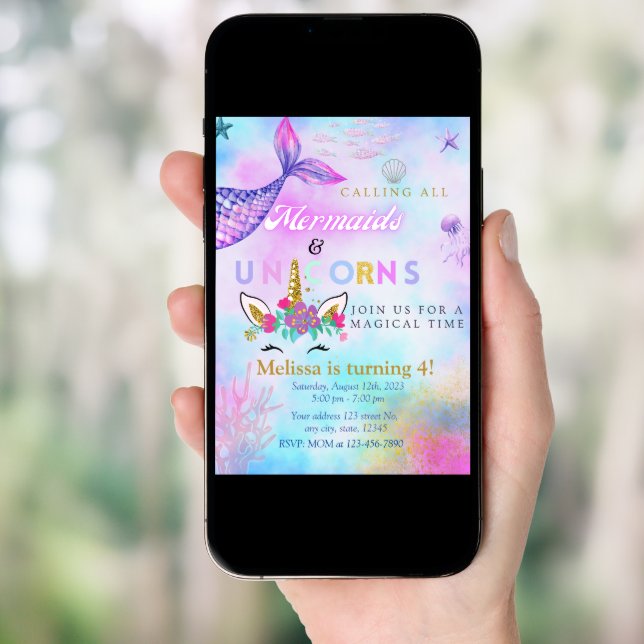Mermaid & Unicorn Gold Glitter invite 4 girl/twins (Front Digital)