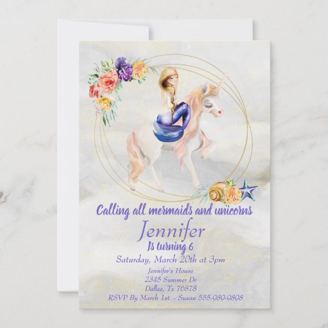 Mermaid Unicorn Gold Pretty Purple Invitation (Front)