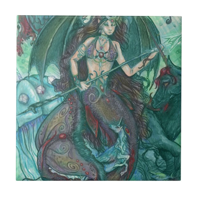 Mermaid Unicorn Ocean Sea Teal Green Tile (Front)