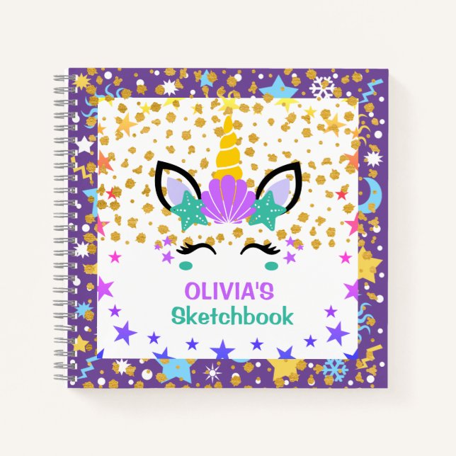 Mermaid Unicorn Personalized Kids Sketchbook Notebook (Front)