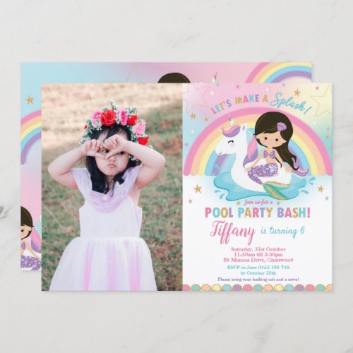 Mermaid Unicorn Pool Birthday Black Hair Photo Invitation