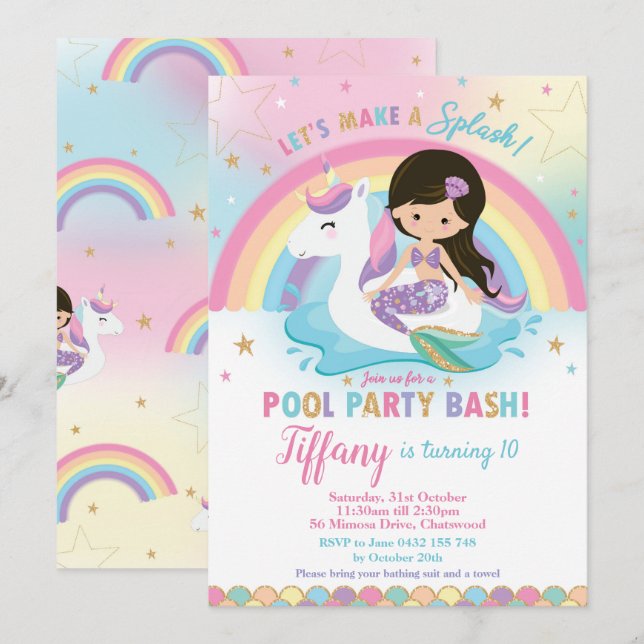 Mermaid Unicorn Pool Party Birthday Black Hair Invitation (Front/Back)