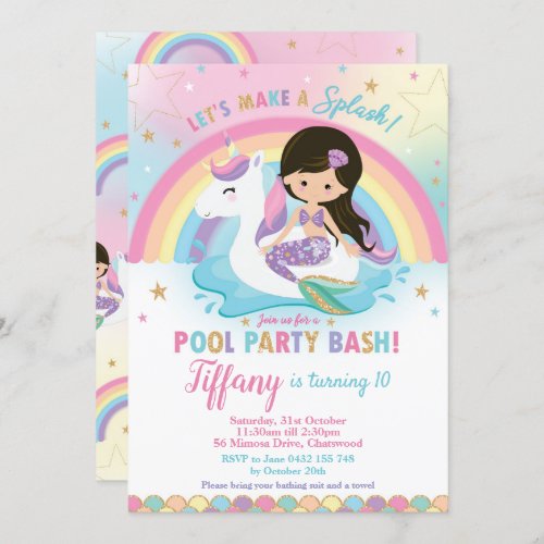 Mermaid Unicorn Pool Party Birthday Black Hair Invitation