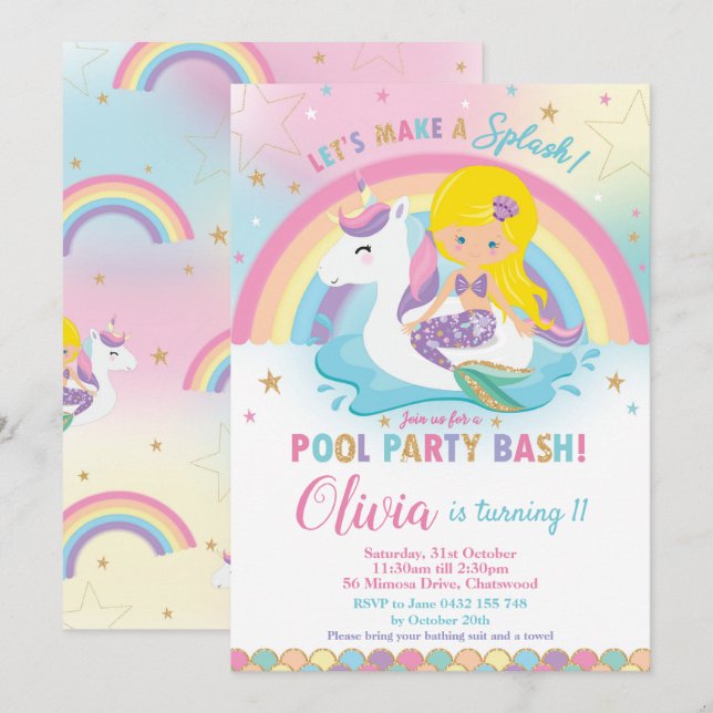 Mermaid Unicorn Pool Party Birthday Blond Invitation (Front/Back)