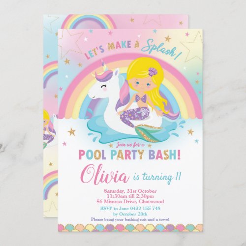Mermaid Unicorn Pool Party Birthday Blond Invitation