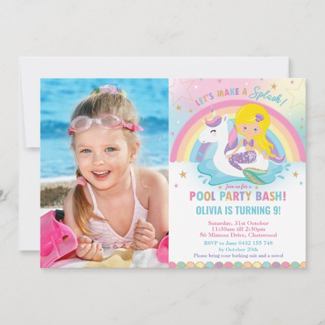 Mermaid Unicorn Pool Party Birthday Blond Photo Invitation (Front)