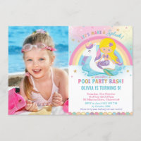 Mermaid Unicorn Pool Party Birthday Blond Photo Invitation