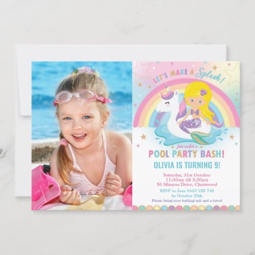 Mermaid Unicorn Pool Party Birthday Blond Photo Invitation