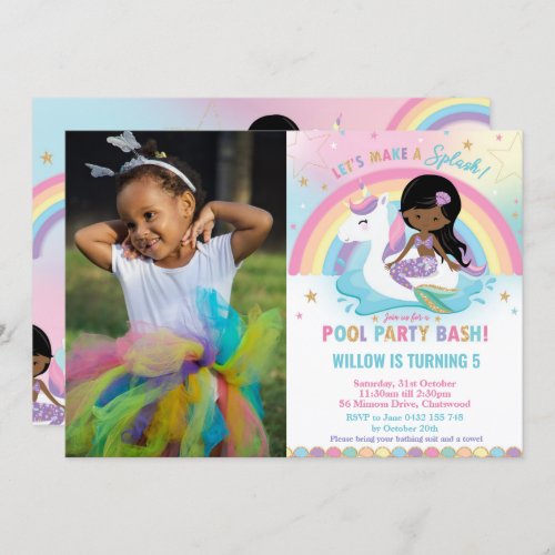 Mermaid Unicorn Pool Party Birthday Dark Skin Tone Invitation