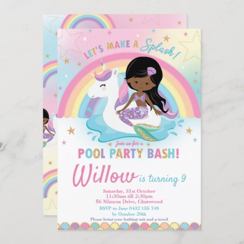 Mermaid Unicorn Pool Party Birthday Dark Skin Tone Invitation