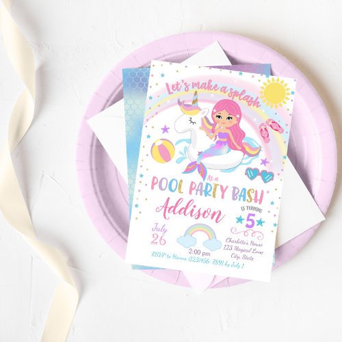 Mermaid Unicorn Pool Party Birthday Invitation