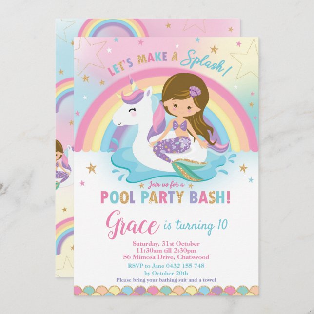 Mermaid Unicorn Pool Party Birthday Invitations (Front/Back)