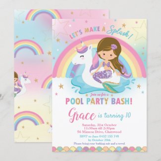Mermaid Unicorn Pool Party Birthday Invitations