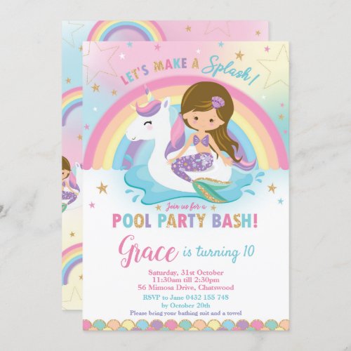 Mermaid Unicorn Pool Party Birthday Invitations