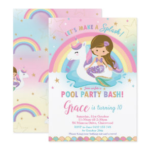 Mermaid Unicorn Pool Party Birthday Invitations