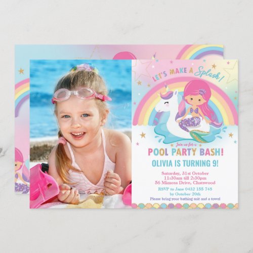 Mermaid Unicorn Pool Party Birthday Pink Photo Invitation