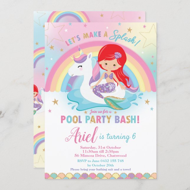 Mermaid Unicorn Pool Party Birthday Red Hair Girl Invitation (Front/Back)