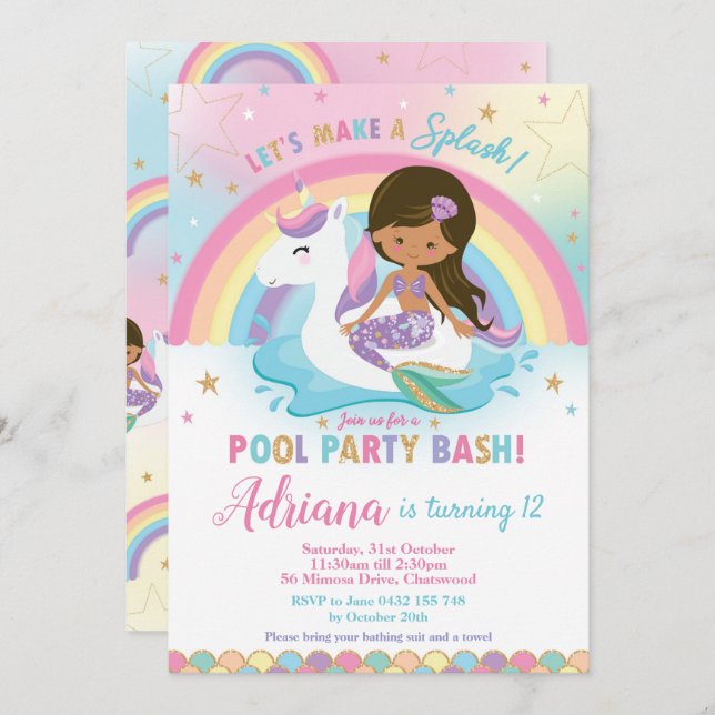 Mermaid Unicorn Pool Party Birthday Tan Skin Brown Invitation (Front/Back)