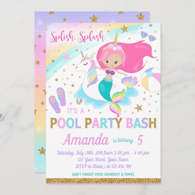 Mermaid & Unicorn Pool Party Invitation (Front/Back)