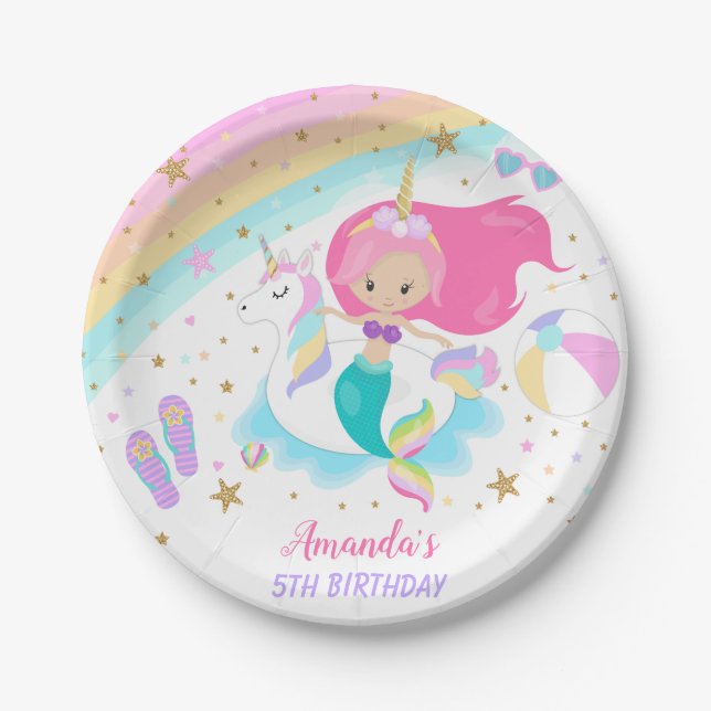 Mermaid & Unicorn Pool Party Paper Plates (Front)