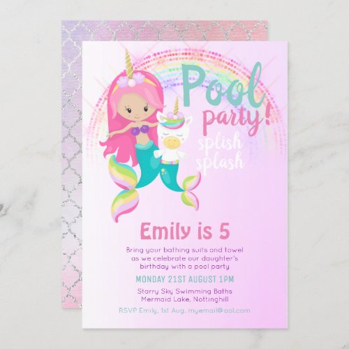 Mermaid Unicorn Pool Party Pink Blue Girl Invitation