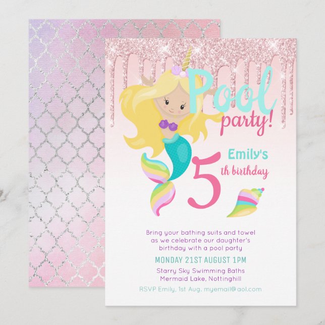 Mermaid Unicorn Pool Party Pink Blue Girl Invitation (Front/Back)