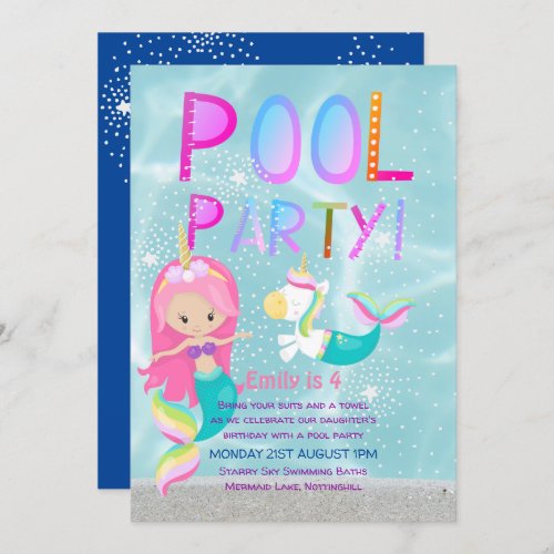 Mermaid Unicorn POOL Party Pink Glitter Girls Invitation