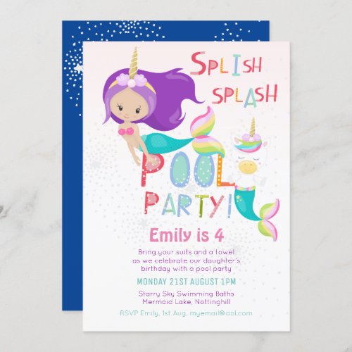 Mermaid Unicorn POOL Party Pink Glitter Girls Invitation